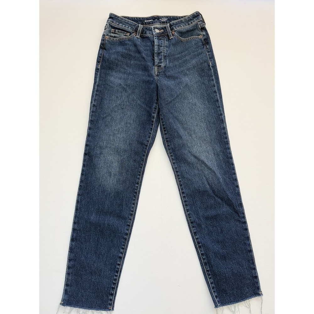 Old Navy Women's Straight High Rise Blue Denim Jeans 5-Pocket Button Zip 4 Tall